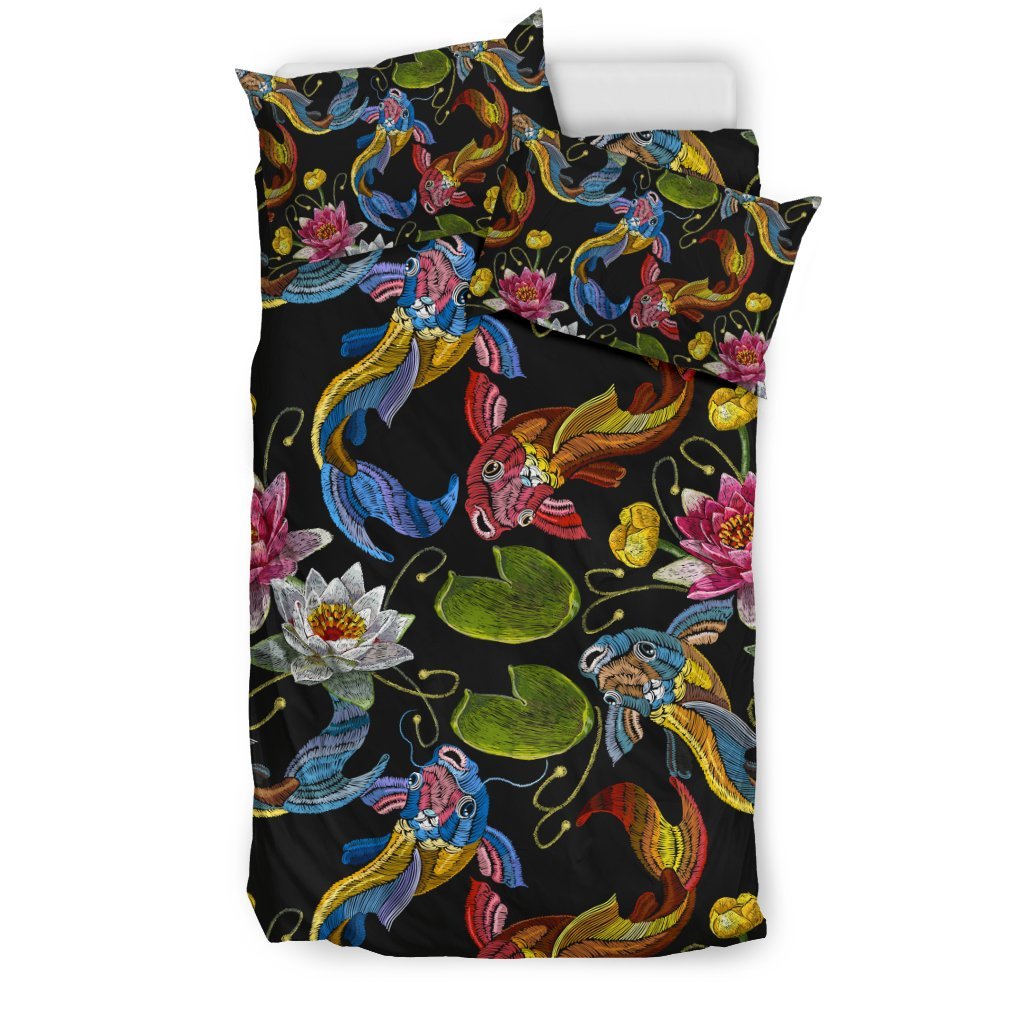 Crochet Koi Fish Lotus Pattern Print Duvet Cover Bedding Set-grizzshop