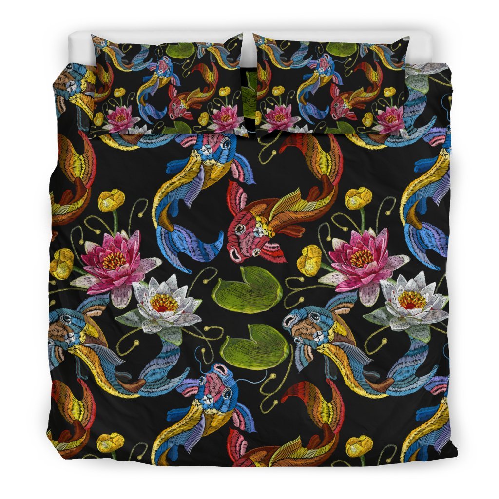 Crochet Koi Fish Lotus Pattern Print Duvet Cover Bedding Set-grizzshop