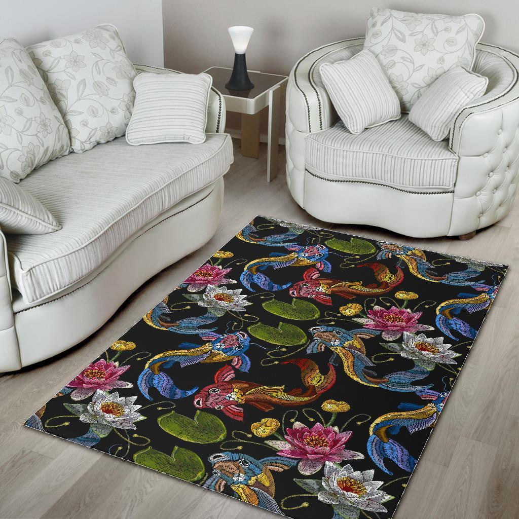 Crochet Koi Fish Lotus Pattern Print Floor Mat-grizzshop