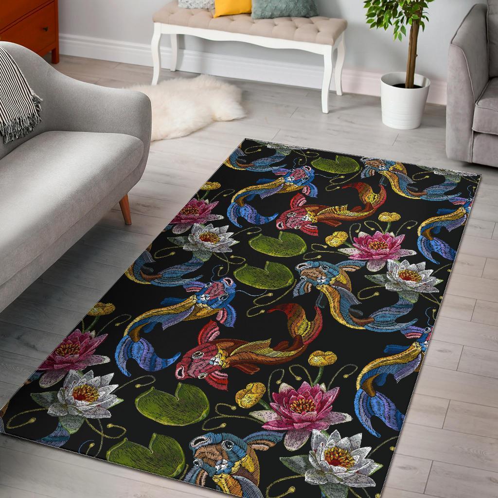 Crochet Koi Fish Lotus Pattern Print Floor Mat-grizzshop