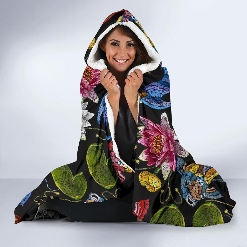 Crochet Koi Fish Lotus Pattern Print Hooded Blanket-grizzshop