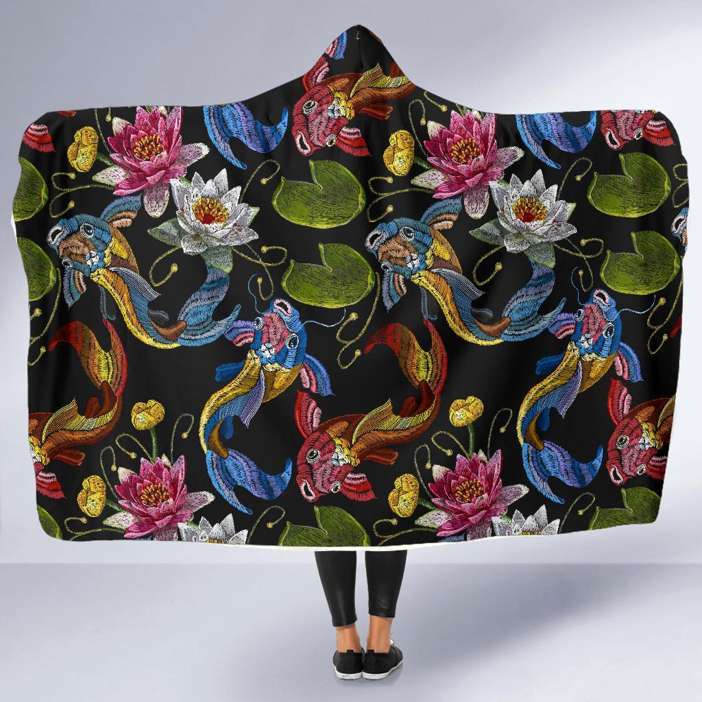 Crochet Koi Fish Lotus Pattern Print Hooded Blanket-grizzshop