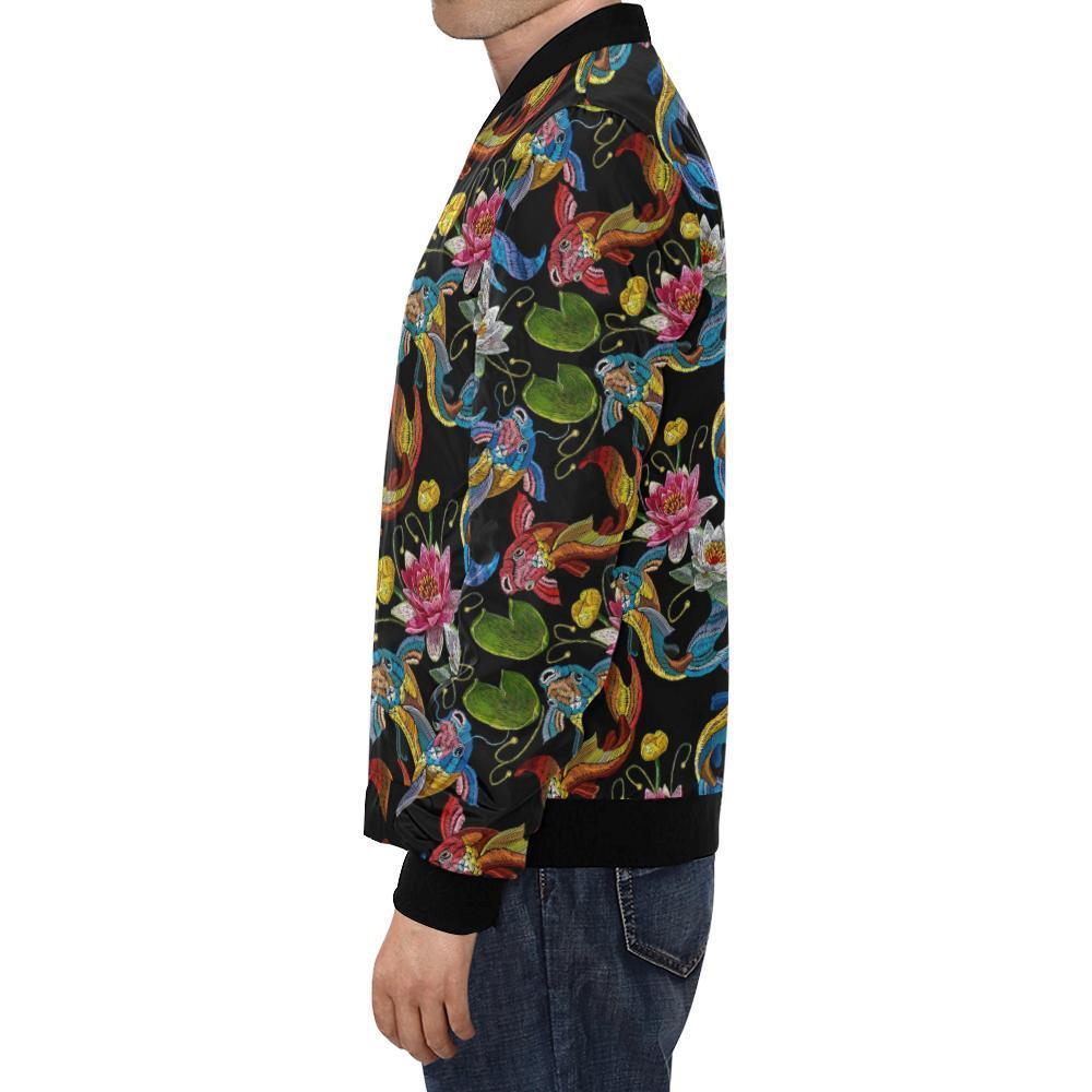 Crochet Koi Fish Lotus Pattern Print Men's Bomber Jacket-grizzshop