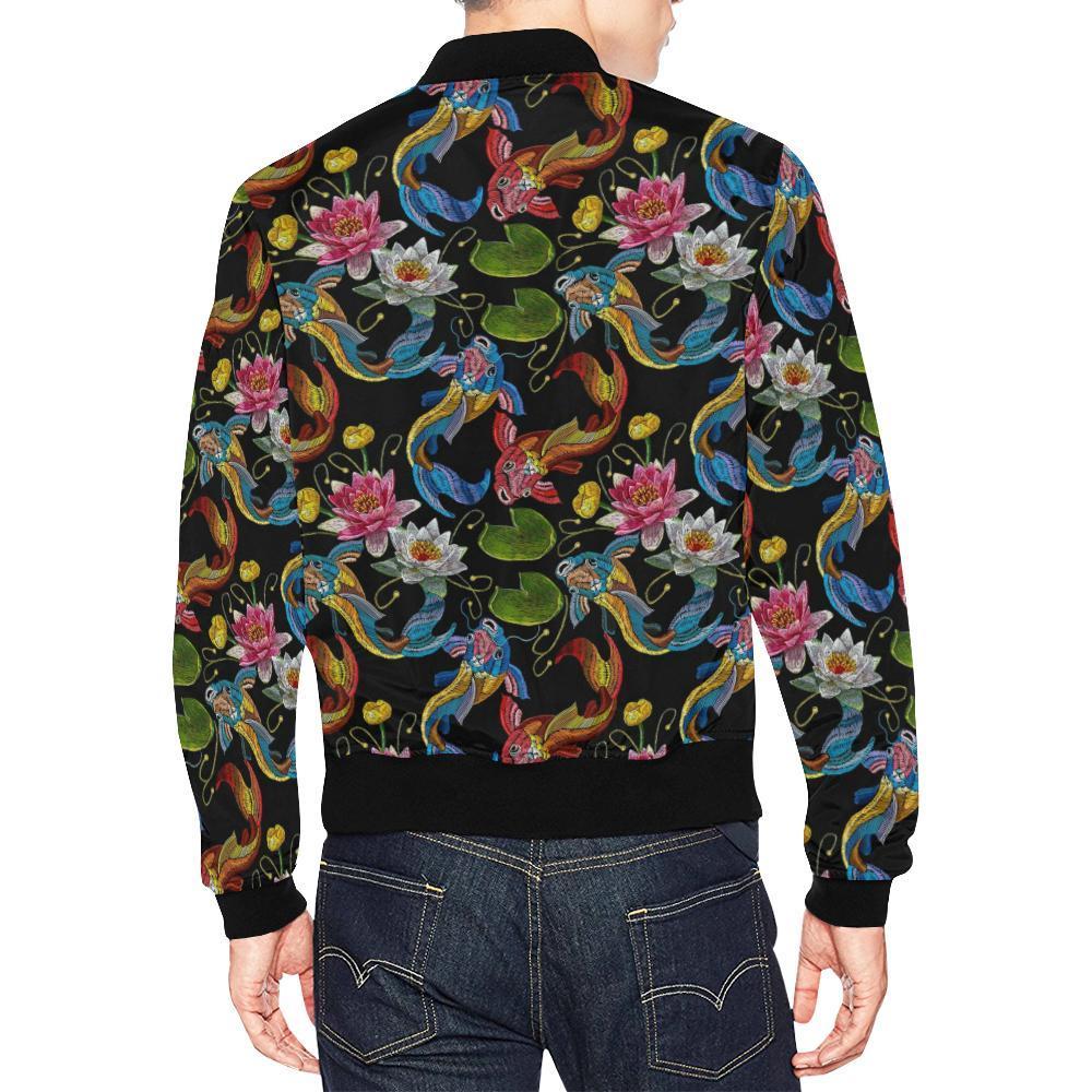 Crochet Koi Fish Lotus Pattern Print Men's Bomber Jacket-grizzshop