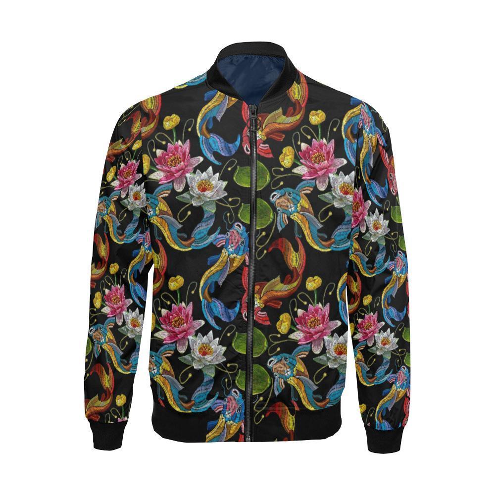 Crochet Koi Fish Lotus Pattern Print Men's Bomber Jacket-grizzshop