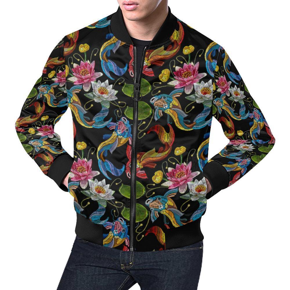 Crochet Koi Fish Lotus Pattern Print Men's Bomber Jacket-grizzshop