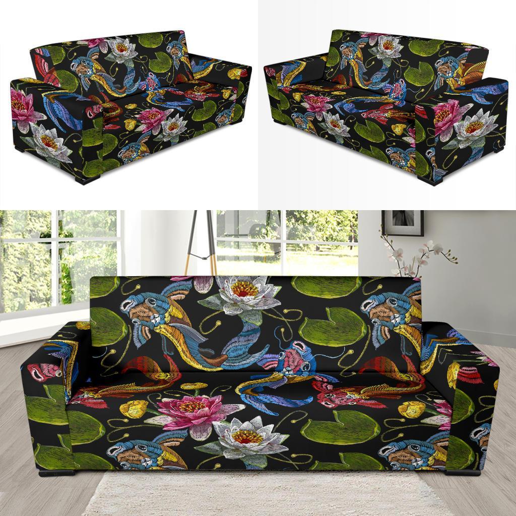 Crochet Koi Fish Lotus Pattern Print Sofa Covers-grizzshop