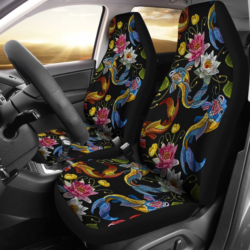 Crochet Koi Fish Lotus Pattern Print Universal Fit Car Seat Cover-grizzshop