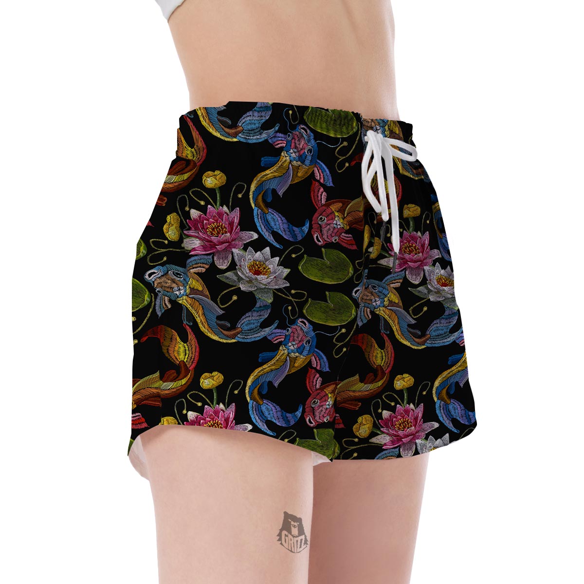 Crochet Koi Fish Lotus Pattern Print Women's Shorts-grizzshop