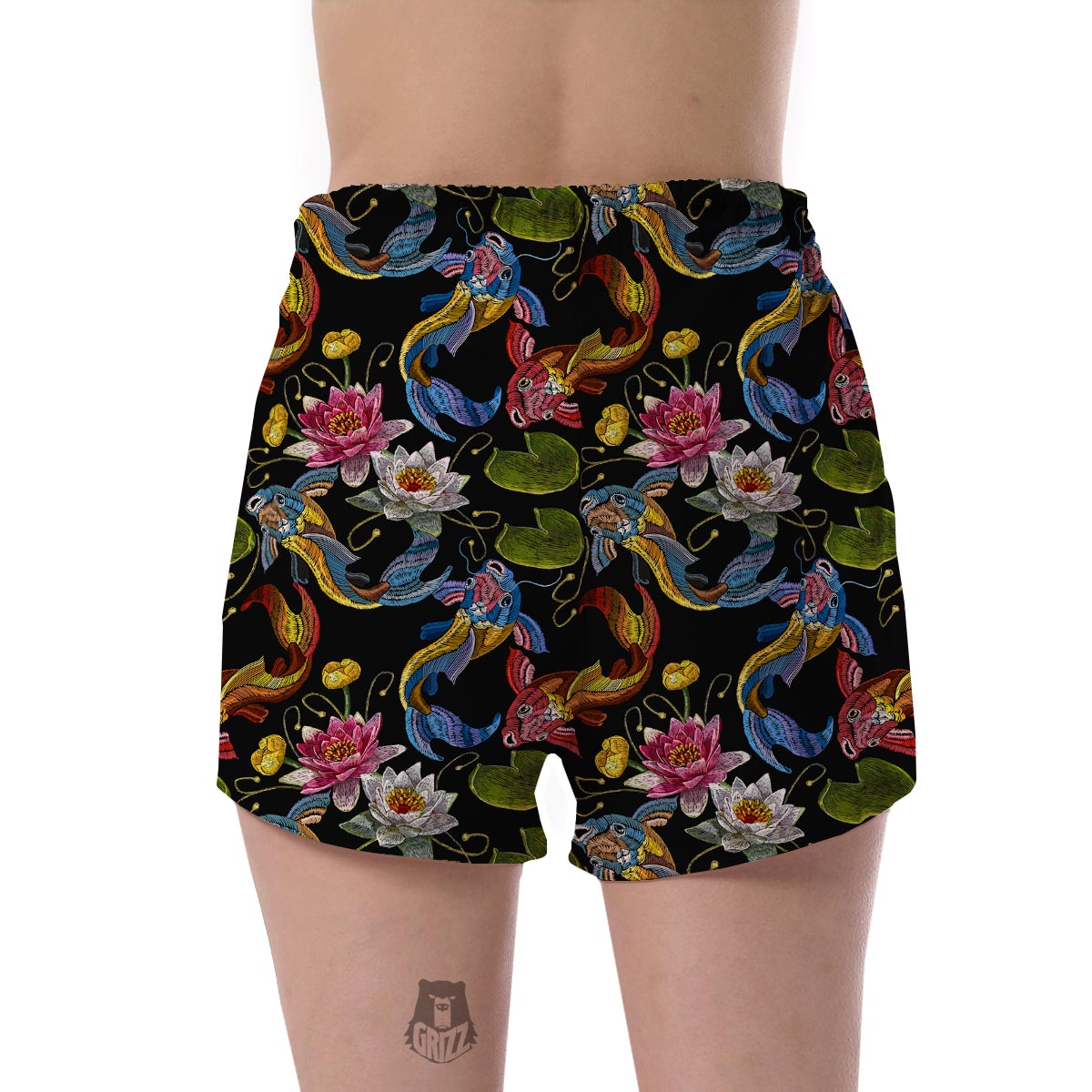 Crochet Koi Fish Lotus Pattern Print Women's Shorts-grizzshop