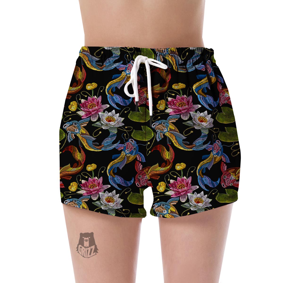 Crochet Koi Fish Lotus Pattern Print Women's Shorts-grizzshop