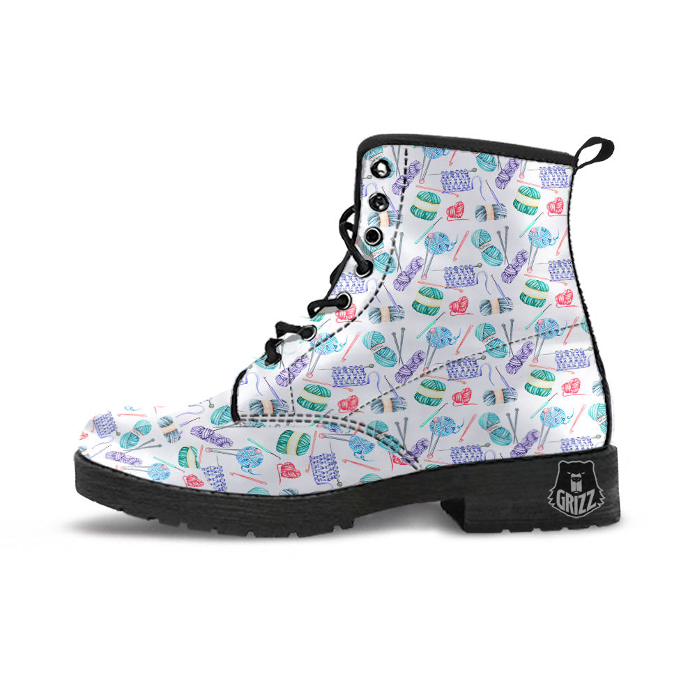 Crochet Yarn Print Pattern Leather Boots-grizzshop