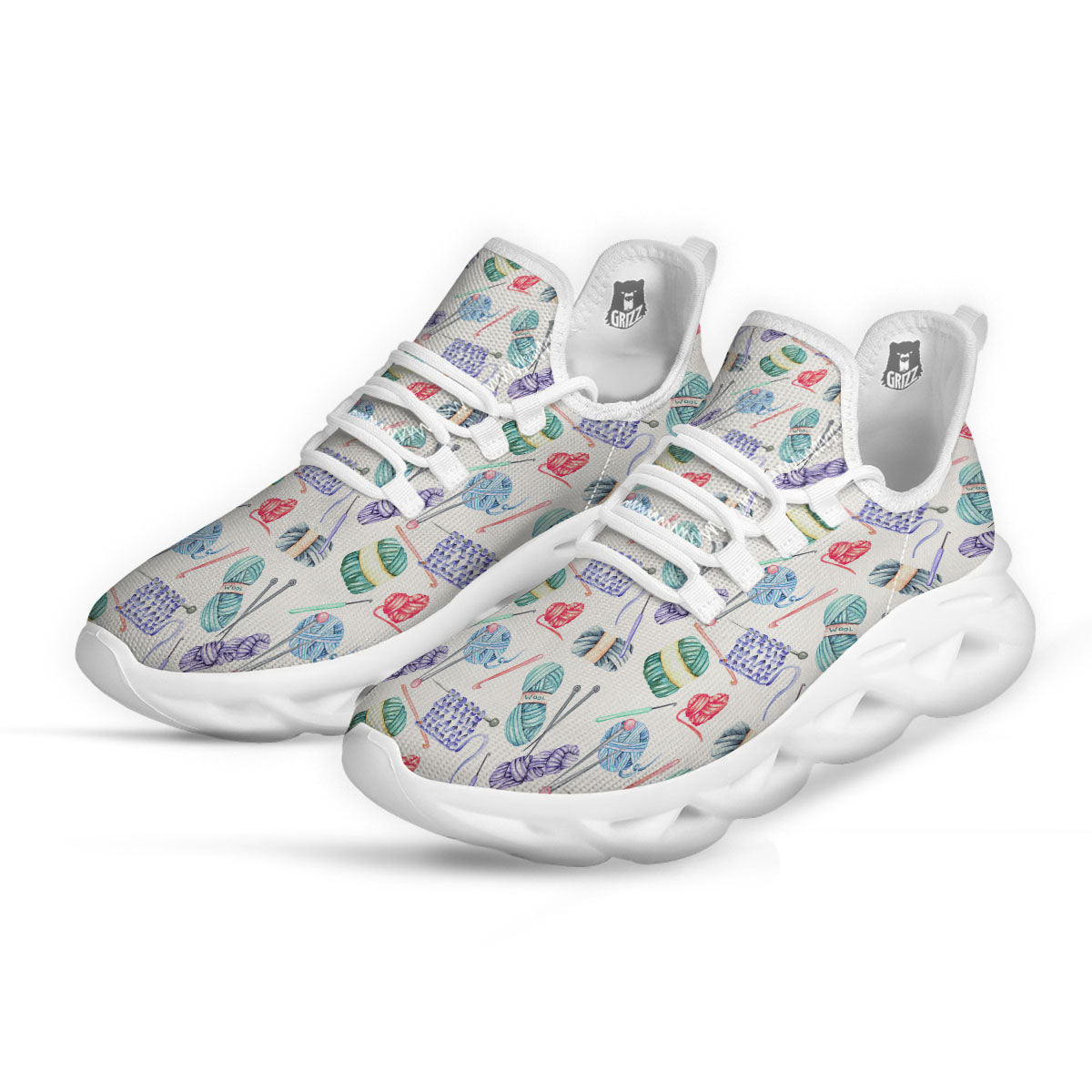 Crochet Yarn Print Pattern White Running Shoes-grizzshop