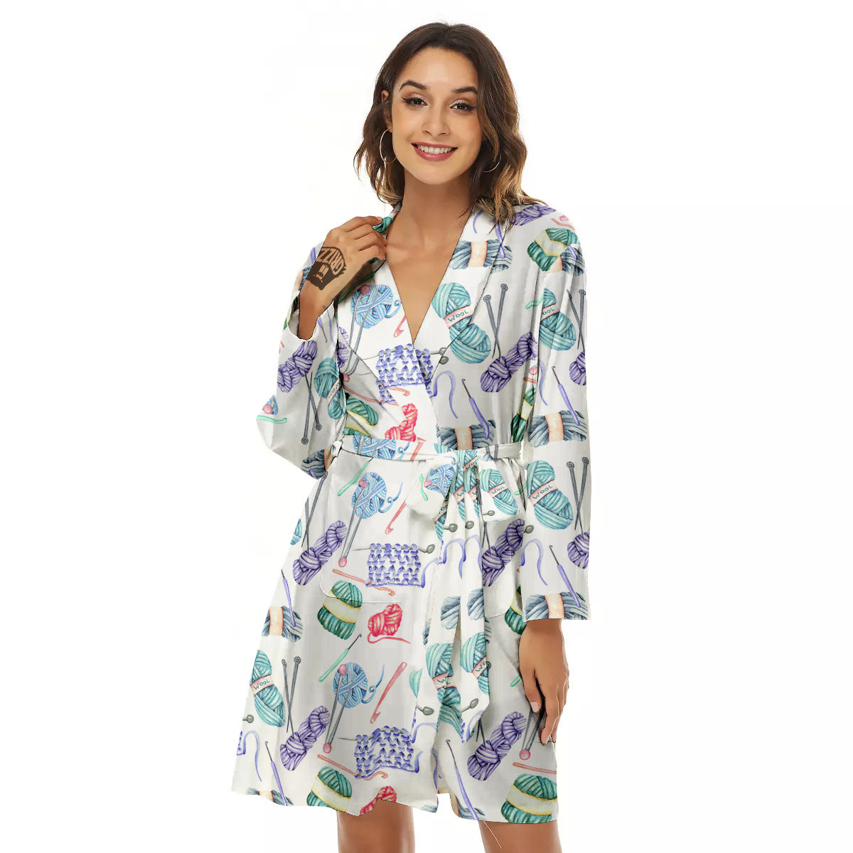 Crochet Yarn Print Pattern Women's Robe-grizzshop
