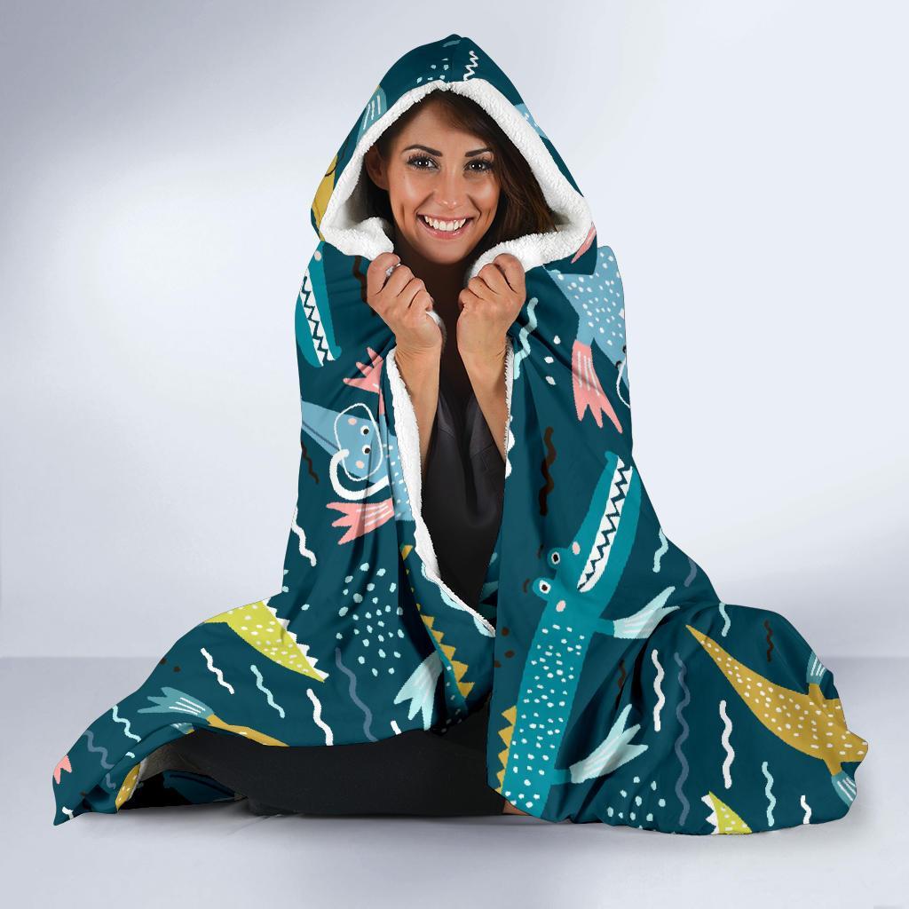 Crocodile Cartoon Pattern Print Hooded Blanket-grizzshop