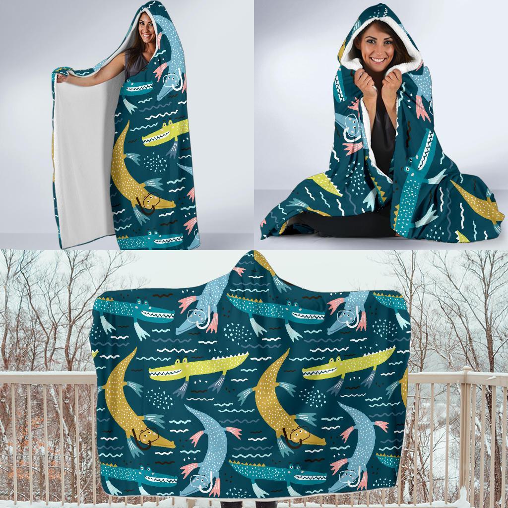 Crocodile Cartoon Pattern Print Hooded Blanket-grizzshop
