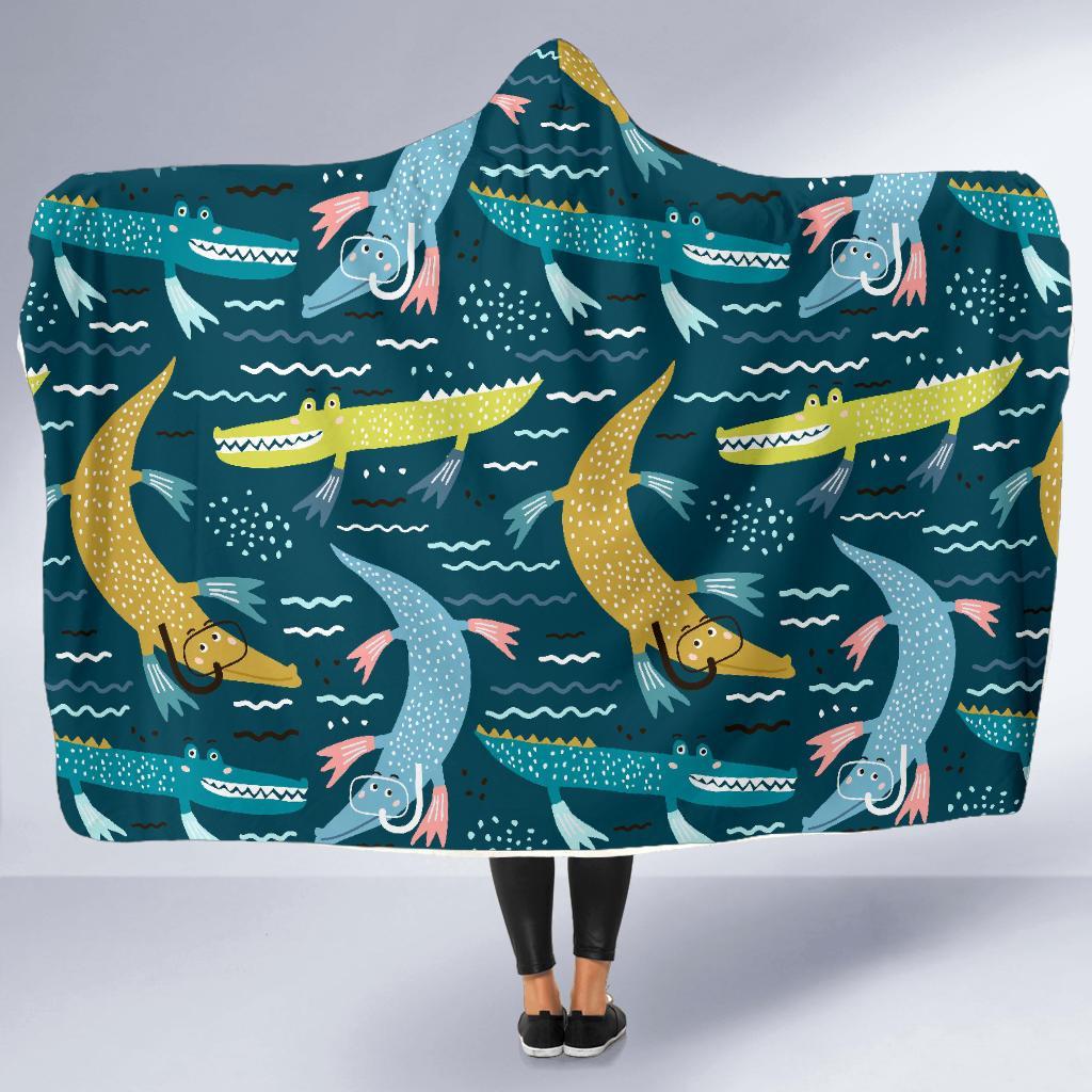 Crocodile Cartoon Pattern Print Hooded Blanket-grizzshop