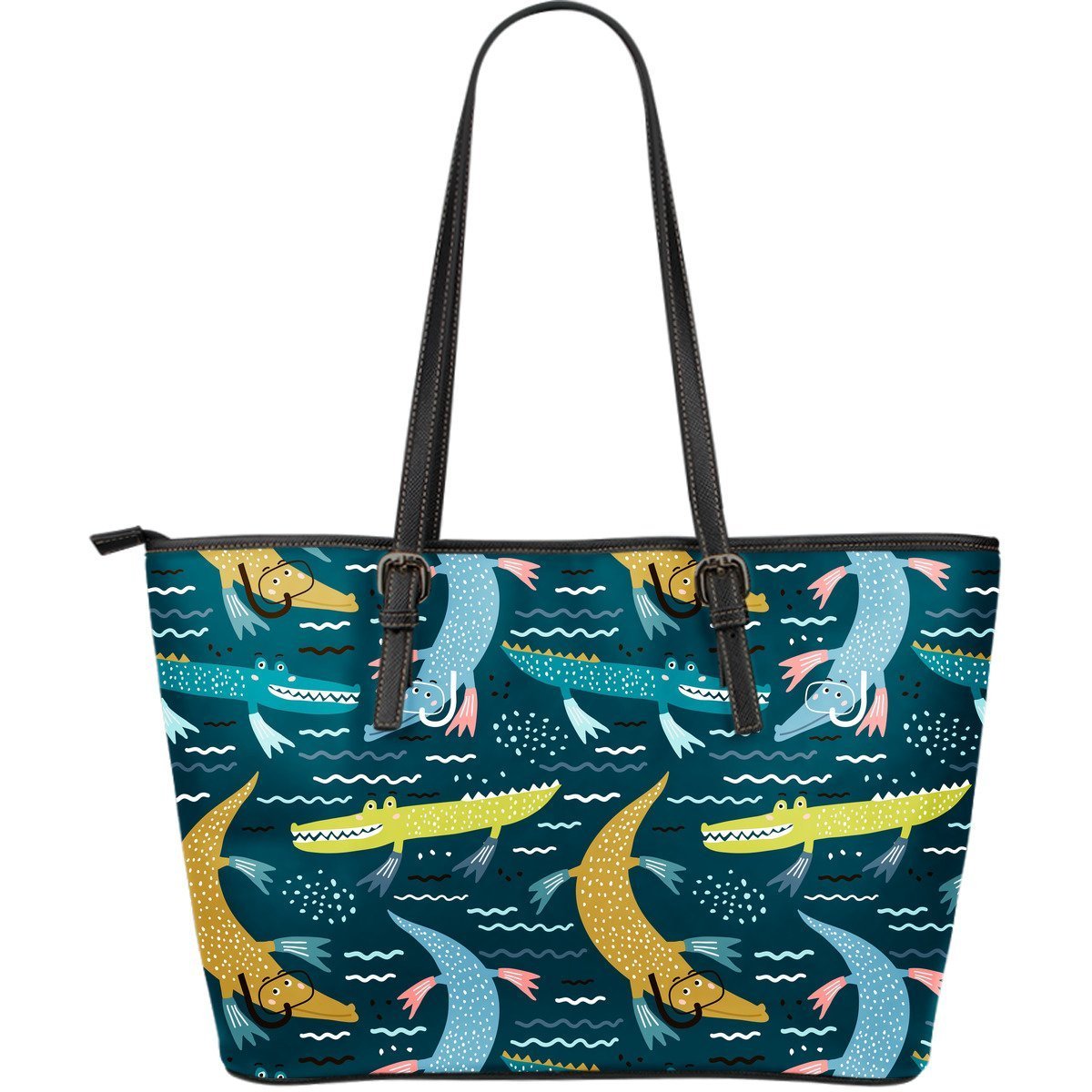Crocodile Cartoon Pattern Print Leather Tote Bag-grizzshop