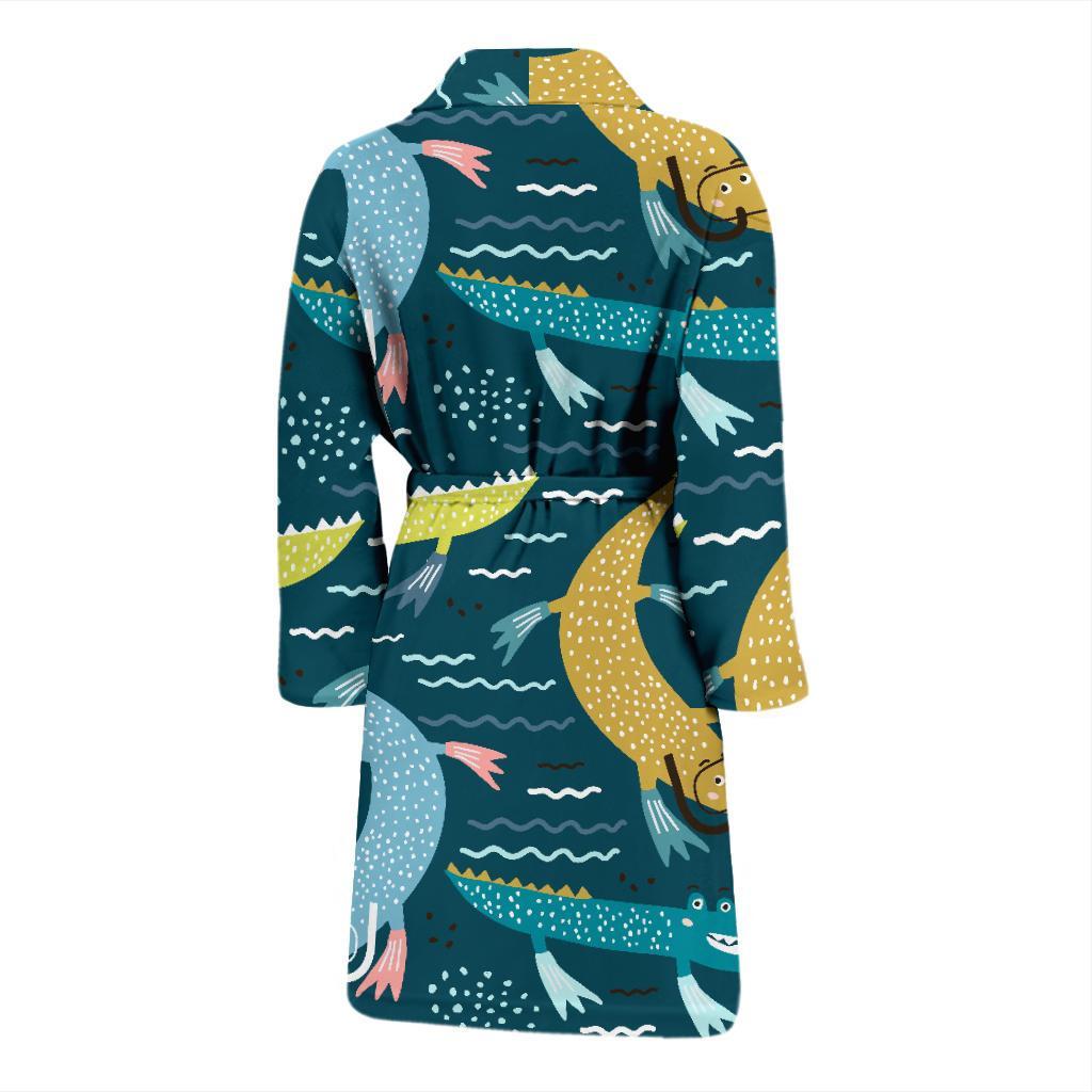 Crocodile Cartoon Pattern Print Men Long Robe-grizzshop