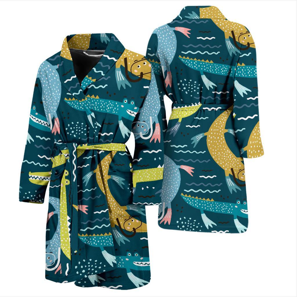 Crocodile Cartoon Pattern Print Men Long Robe-grizzshop