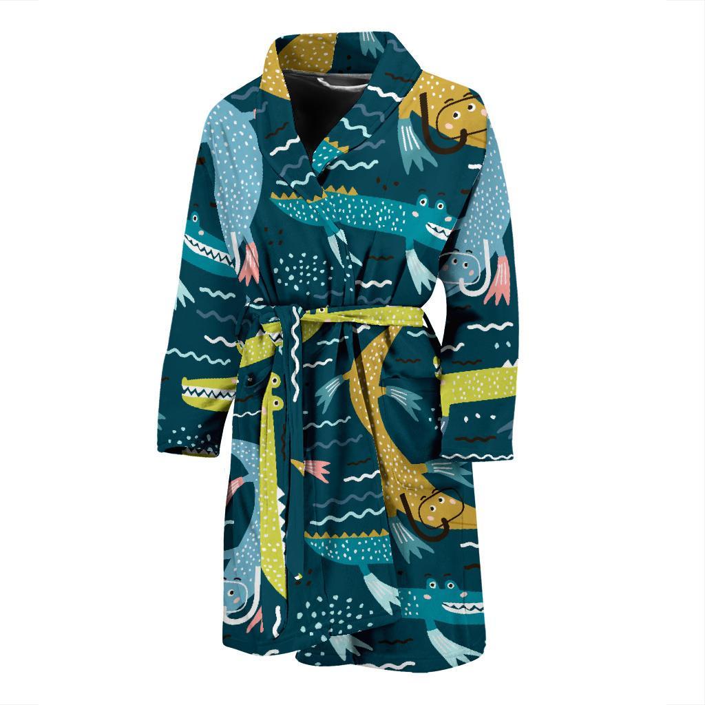 Crocodile Cartoon Pattern Print Men Long Robe-grizzshop