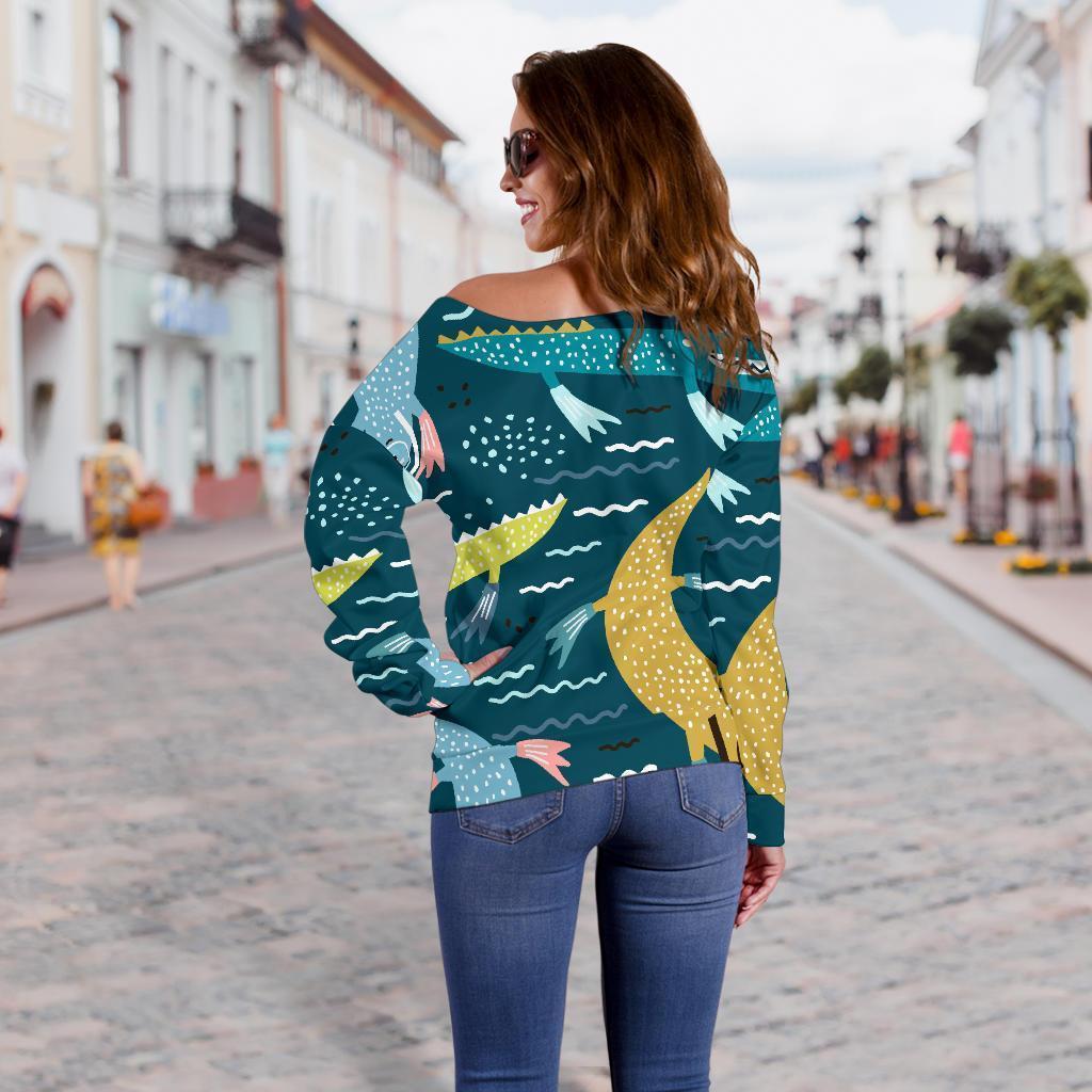 Crocodile Cartoon Pattern Print Women Off Shoulder Sweatshirt-grizzshop