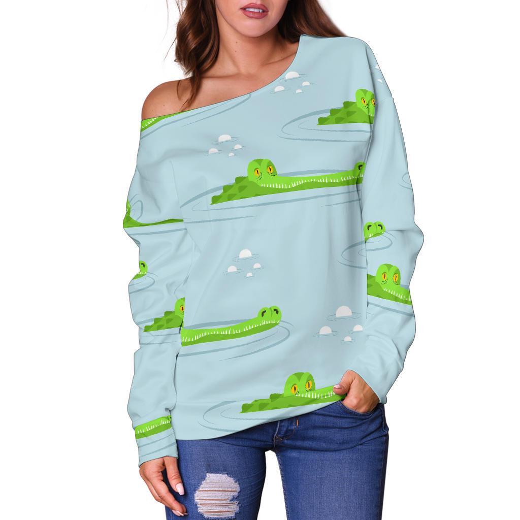 Crocodile Cartoon Print Pattern Women Off Shoulder Sweatshirt-grizzshop