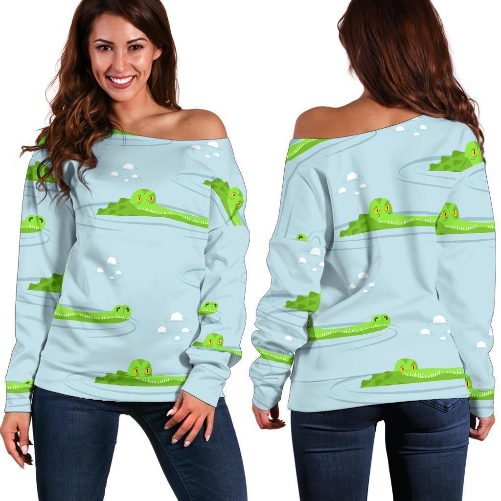 Crocodile Cartoon Print Pattern Women Off Shoulder Sweatshirt-grizzshop