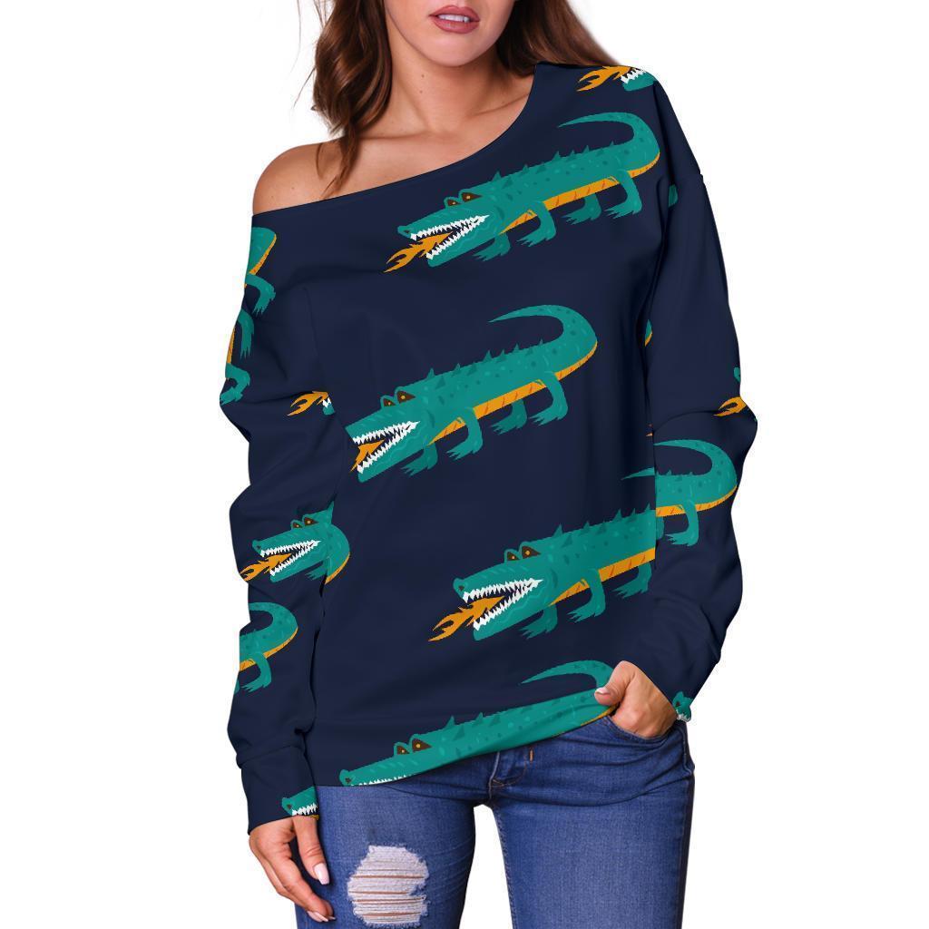 Crocodile Pattern Print Women Off Shoulder Sweatshirt-grizzshop