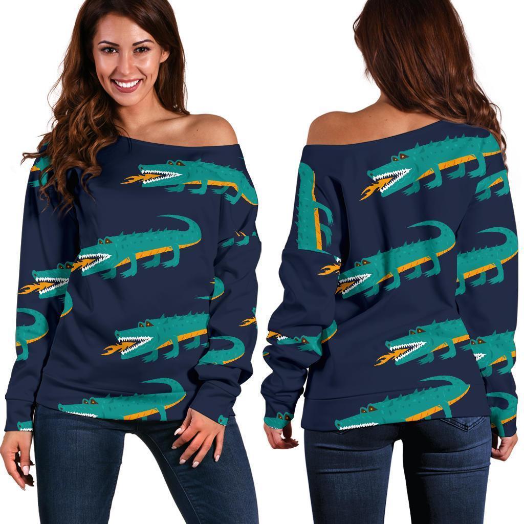 Crocodile Pattern Print Women Off Shoulder Sweatshirt-grizzshop