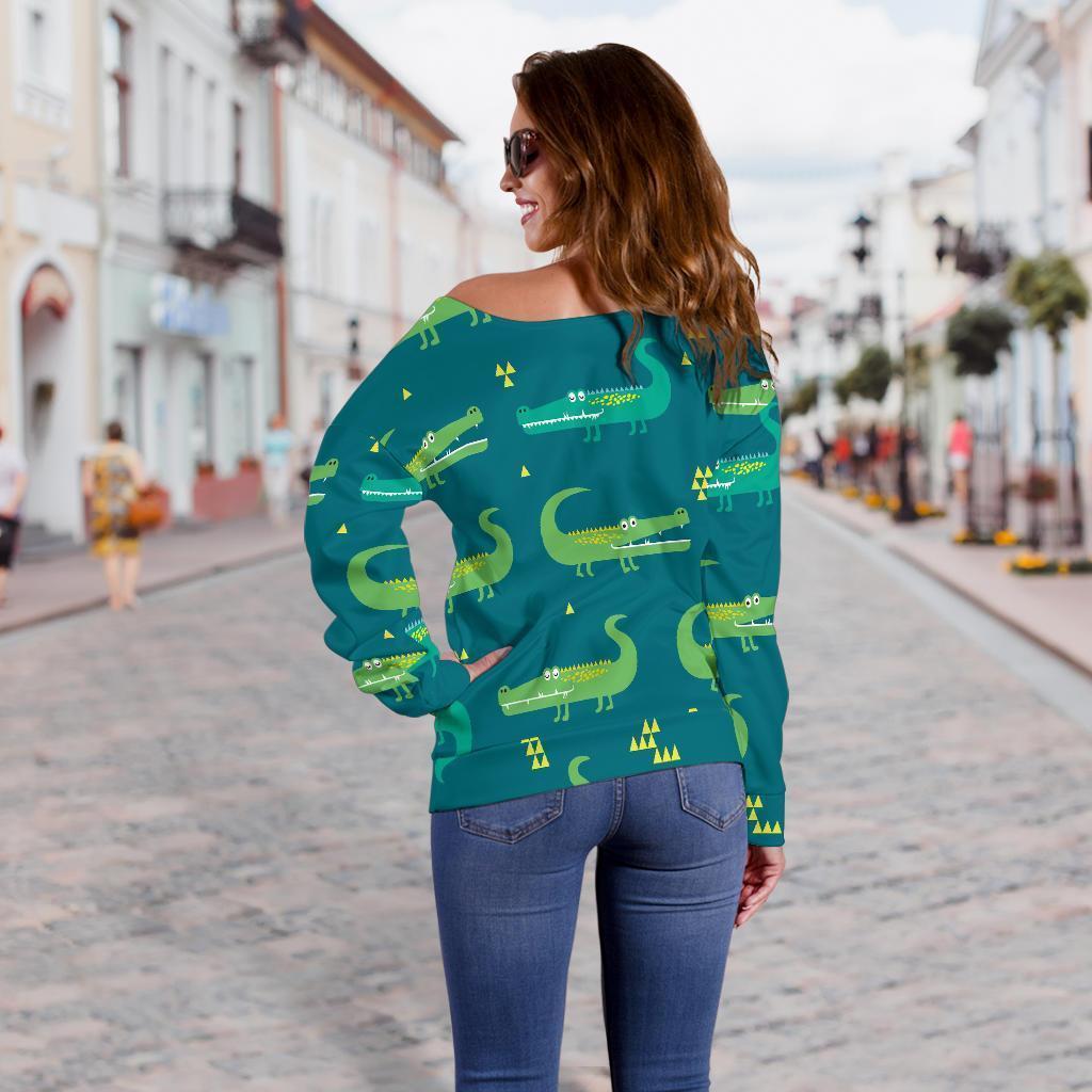 Crocodile Print Pattern Women Off Shoulder Sweatshirt-grizzshop
