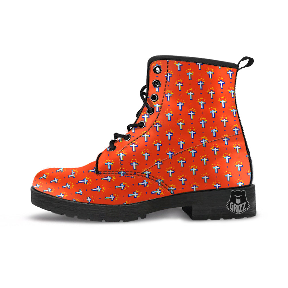 Cross Of Jesus Christ Orange Print Pattern Leather Boots-grizzshop