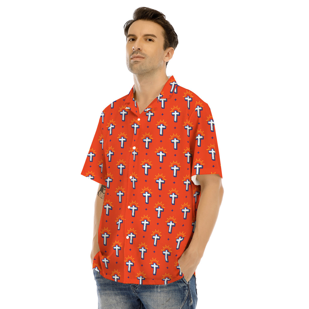 Cross Of Jesus Christ Orange Print Pattern Men's Hawaiian Shirt-grizzshop