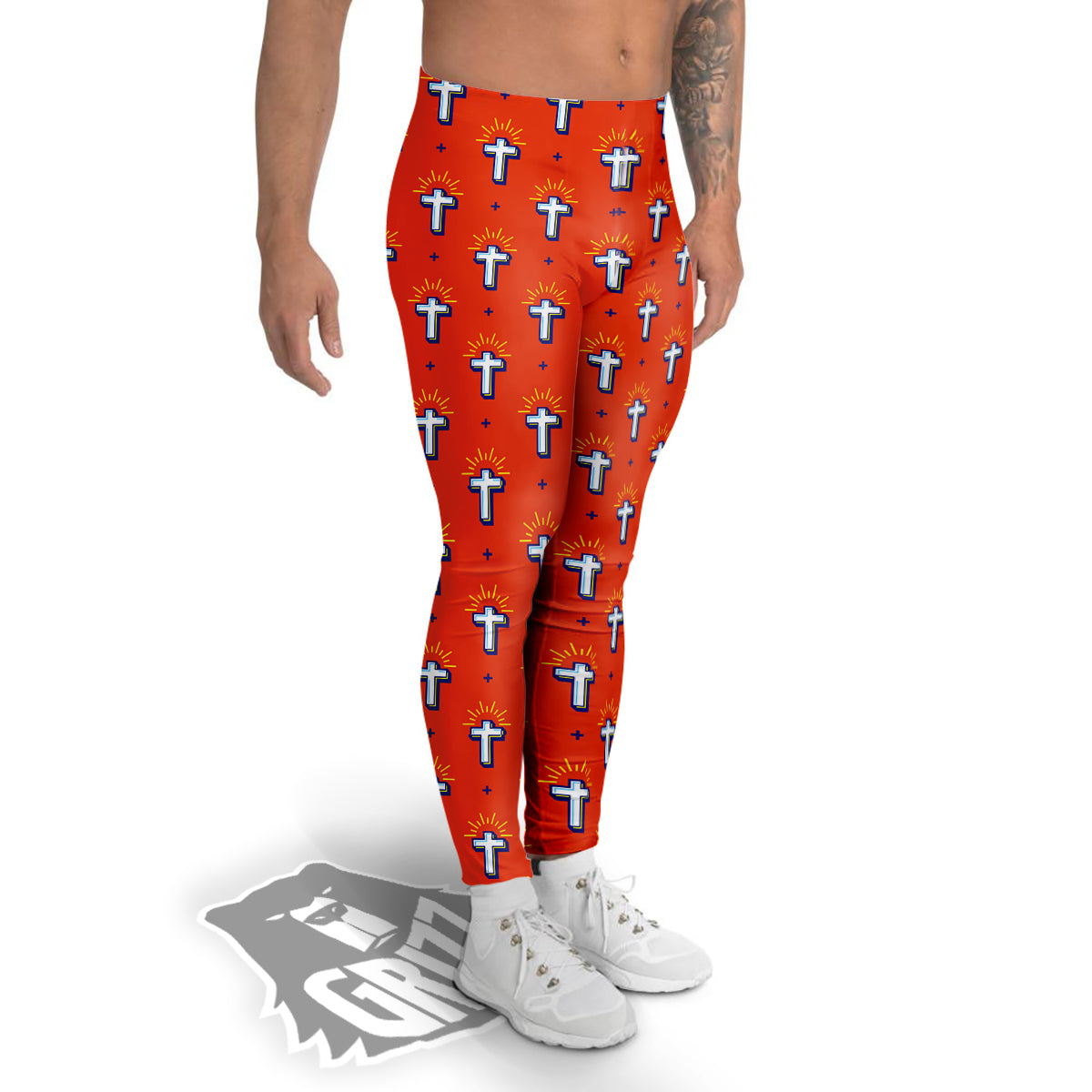 Cross Of Jesus Christ Orange Print Pattern Men's Leggings-grizzshop