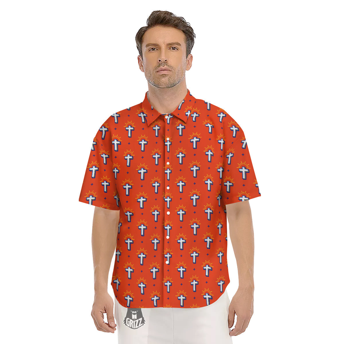 Cross Of Jesus Christ Orange Print Pattern Men's Short Sleeve Shirts-grizzshop