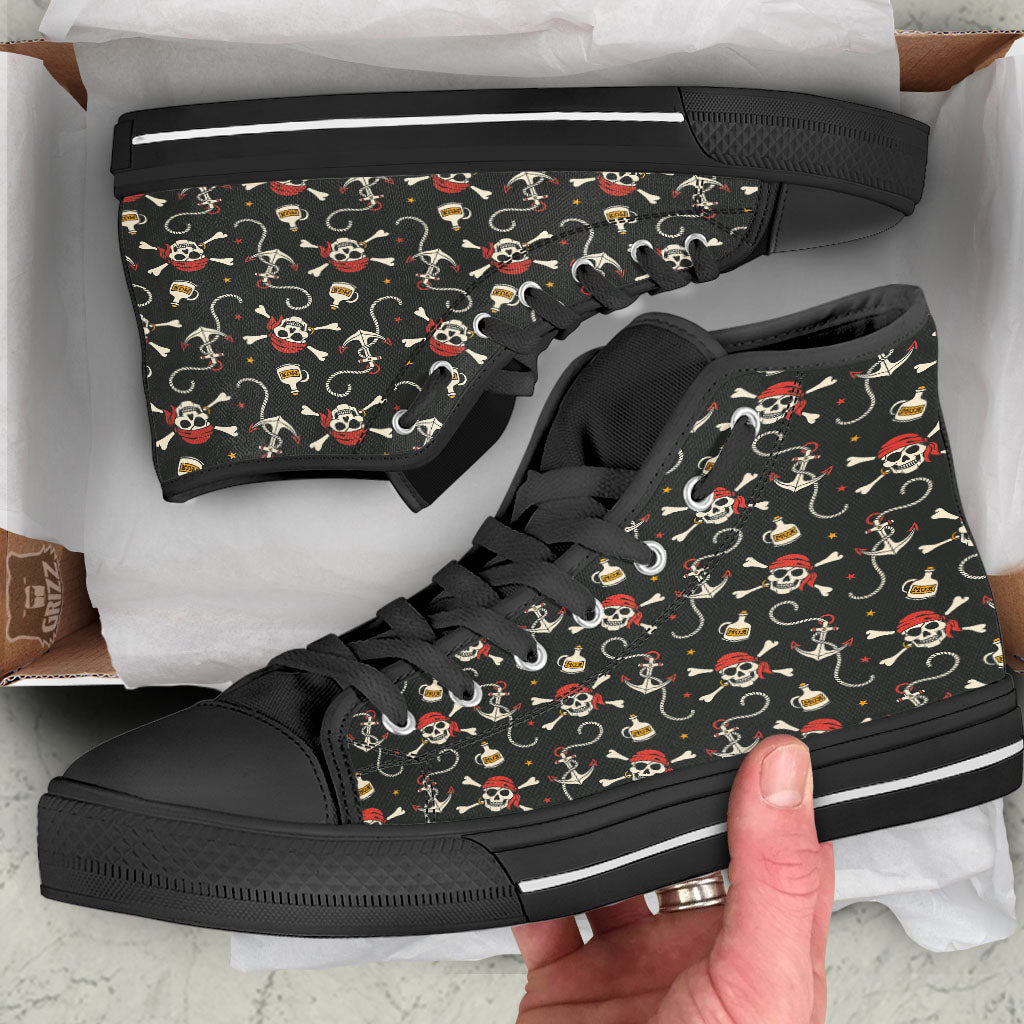 Crossbones Pirate Skull Print Pattern Black High Top Shoes-grizzshop