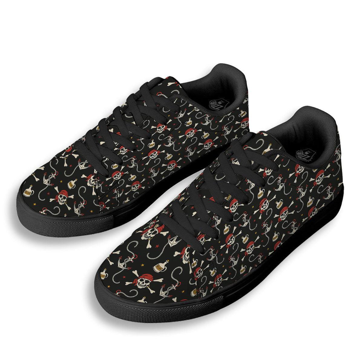 Crossbones Pirate Skull Print Pattern Black Low Top Sneakers-grizzshop