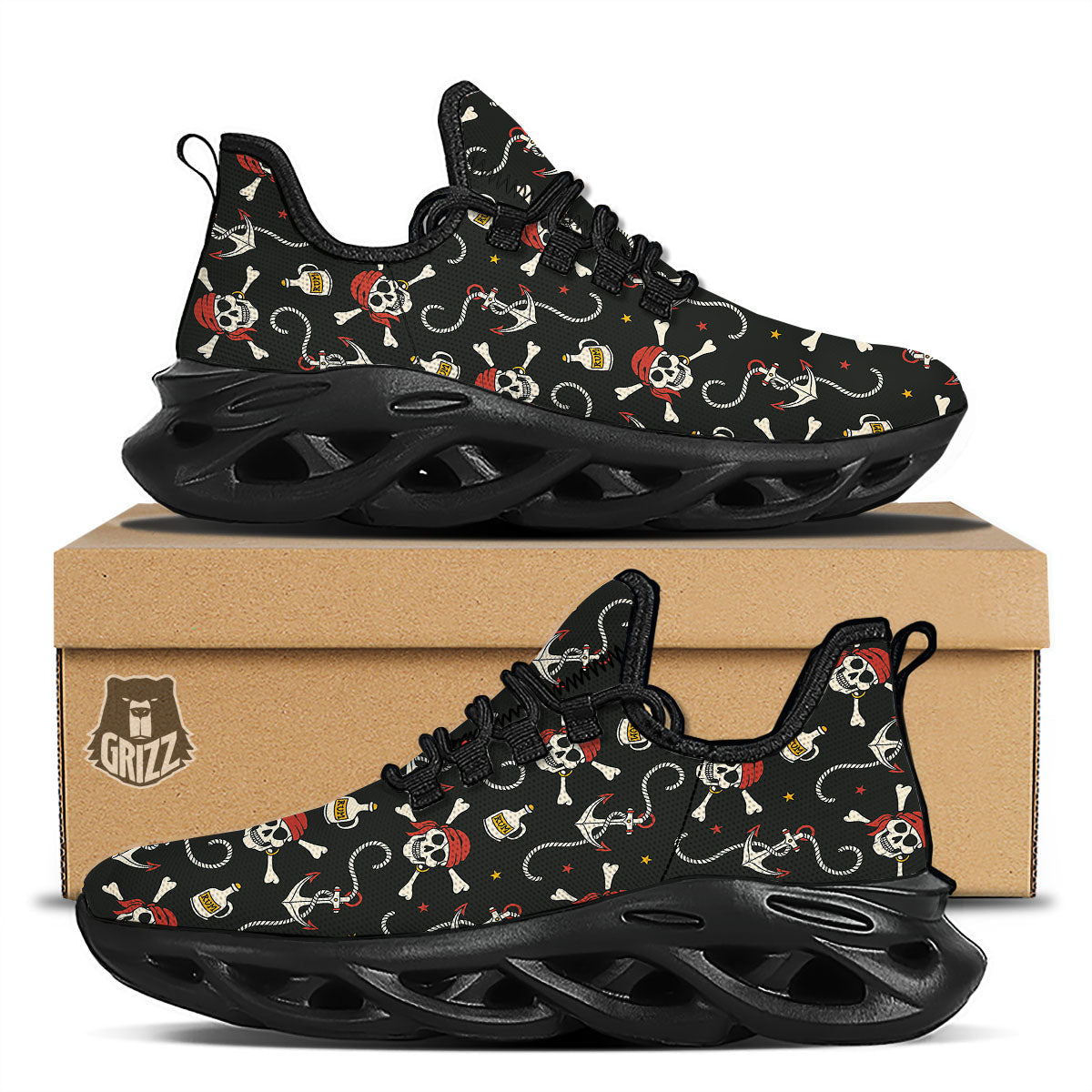 Crossbones Pirate Skull Print Pattern Black Running Shoes-grizzshop