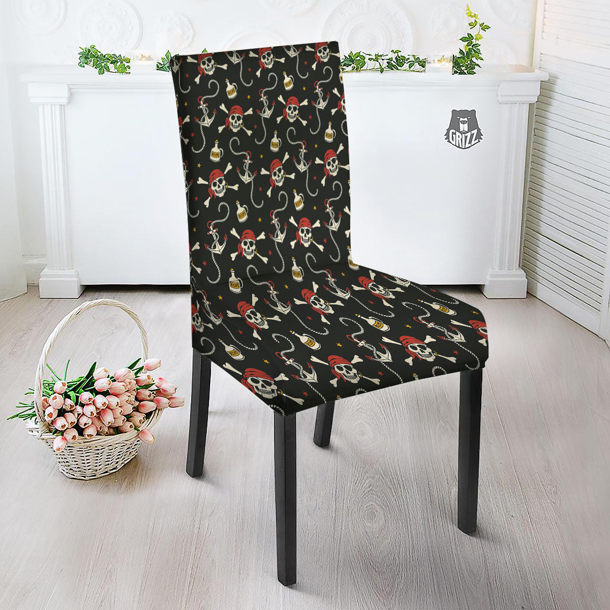 Crossbones Pirate Skull Print Pattern Dining Chair Slipcover-grizzshop