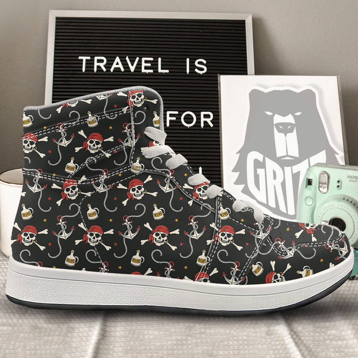 Crossbones Pirate Skull Print Pattern High Top Sneakers-grizzshop