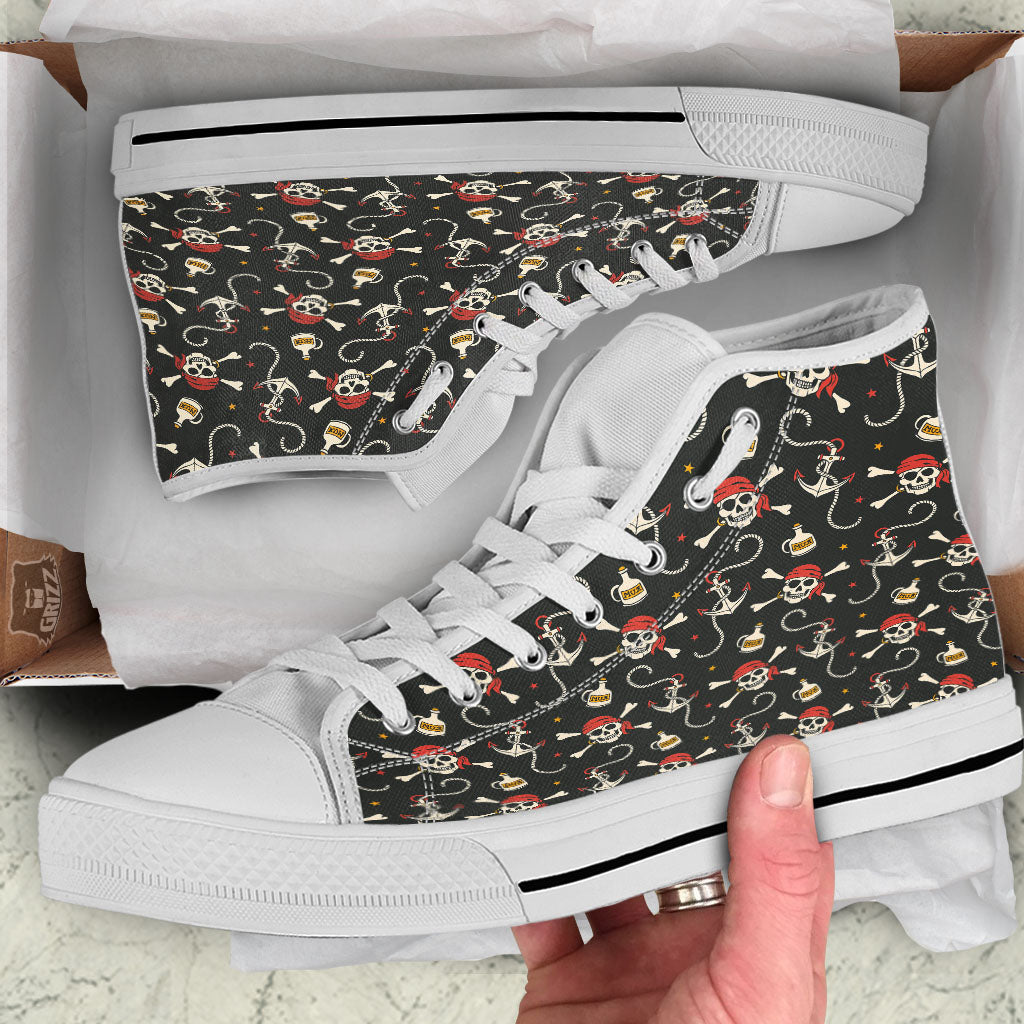 Crossbones Pirate Skull Print Pattern White High Top Shoes-grizzshop