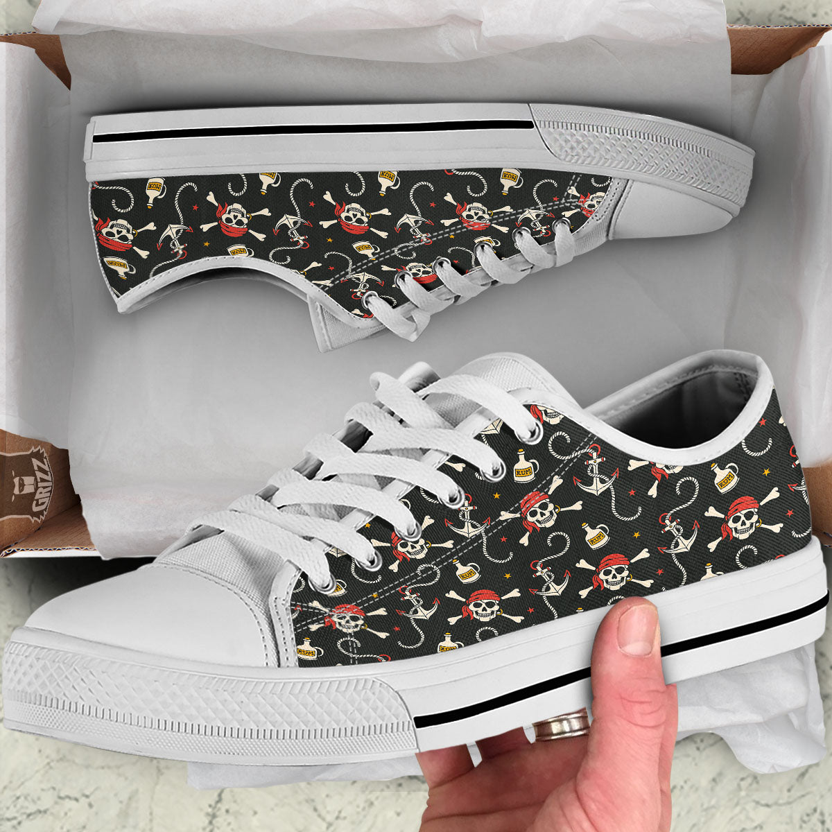 Crossbones Pirate Skull Print Pattern White Low Top Shoes-grizzshop