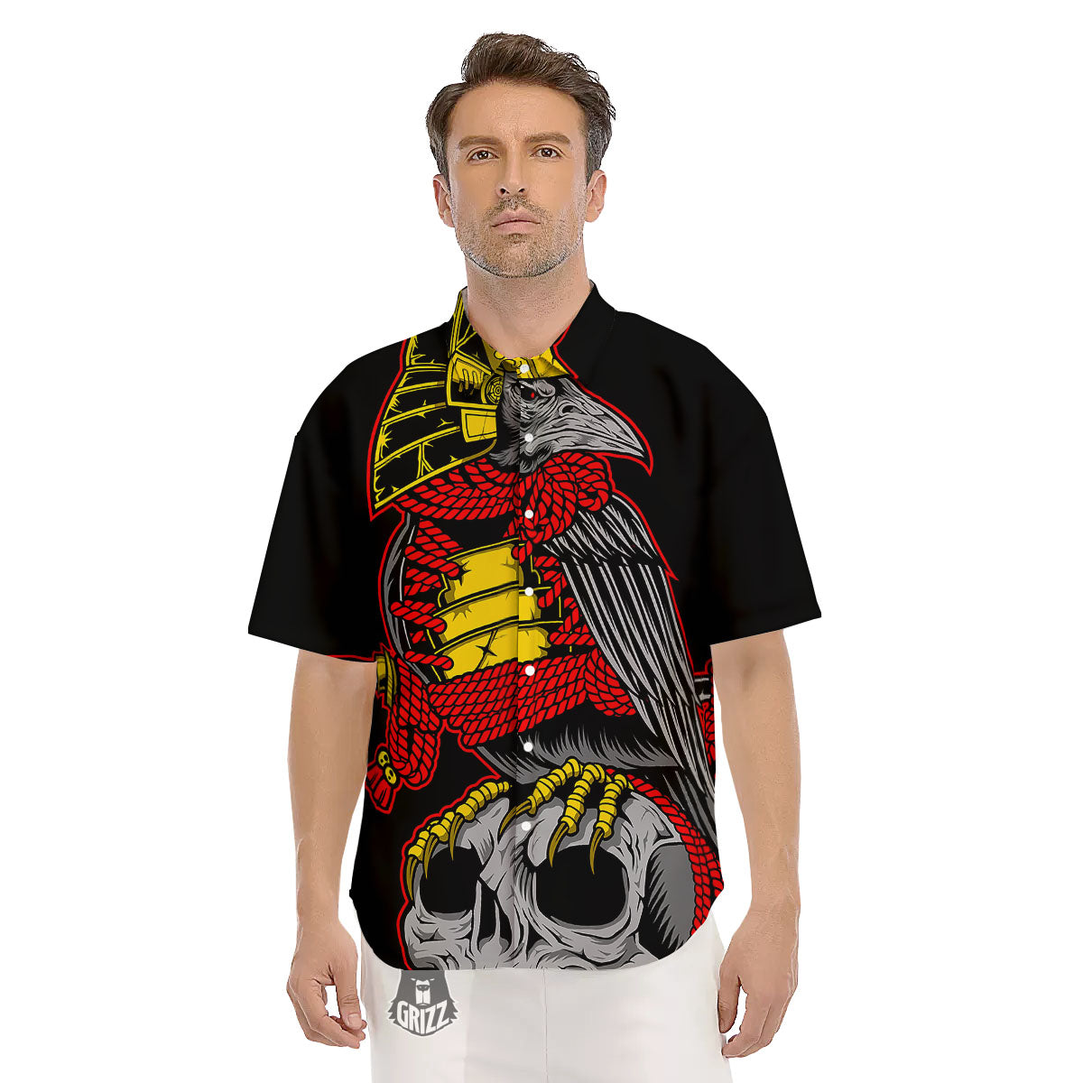 Crow And Samurai Print Men's Short Sleeve Shirts-grizzshop