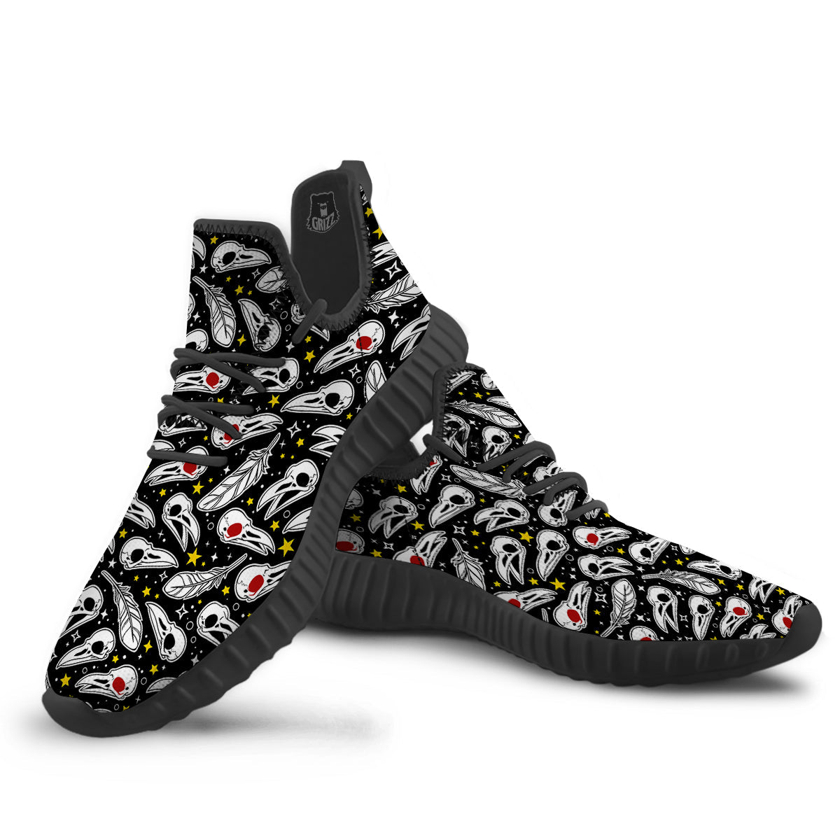 Crow Skull And Feathers Print Pattern Black Walking Shoes-grizzshop