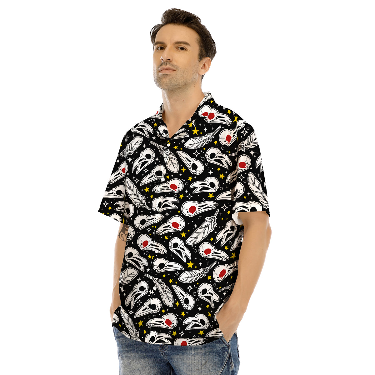 Crow Skull And Feathers Print Pattern Men's Hawaiian Shirt-grizzshop
