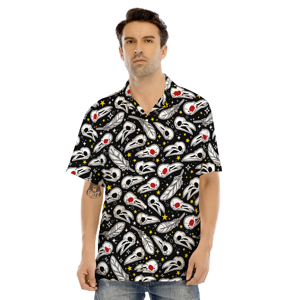 Crow Skull And Feathers Print Pattern Men's Hawaiian Shirt-grizzshop