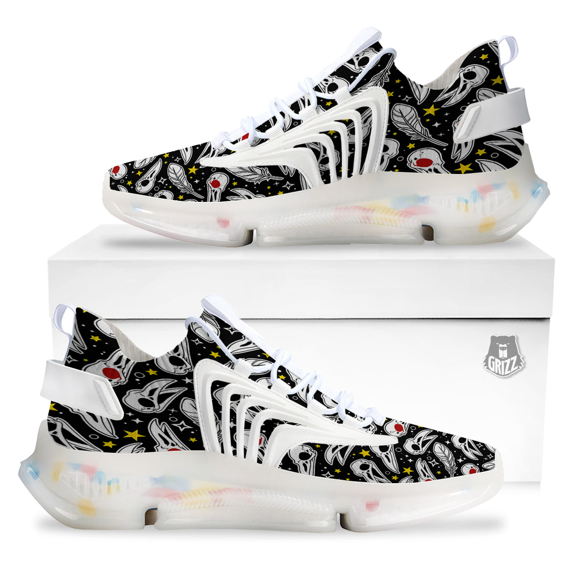 Crow Skull And Feathers Print Pattern White Gym Shoes-grizzshop
