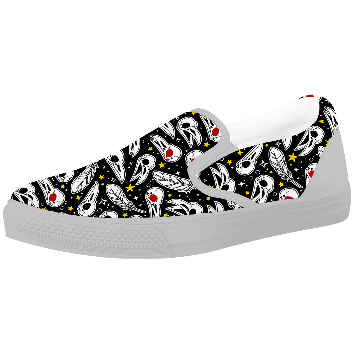 Crow Skull And Feathers Print Pattern White Slip On Shoes-grizzshop