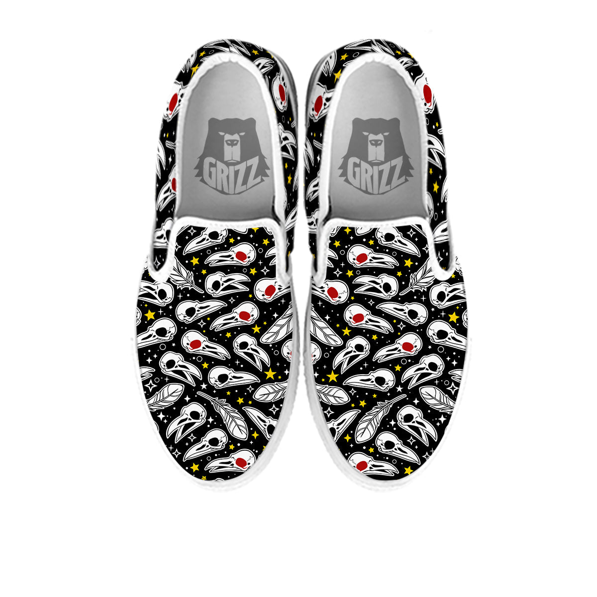 Crow Skull And Feathers Print Pattern White Slip On Shoes-grizzshop