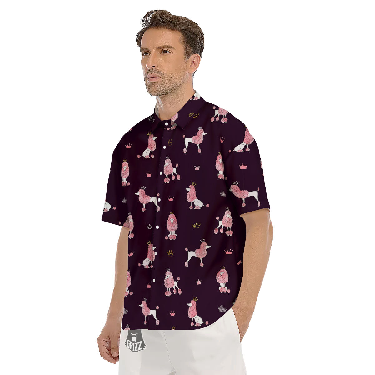 Crown And Poodle Print Pattern Men's Short Sleeve Shirts-grizzshop